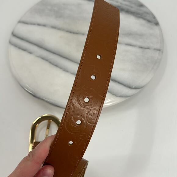 Michael Kors gold and faux leather brown mk embossed belt - Picture 3 of 8